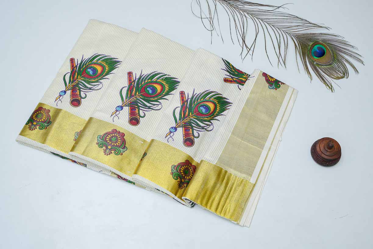 White Cotton Handloom Saree with Peacock Stitched Design