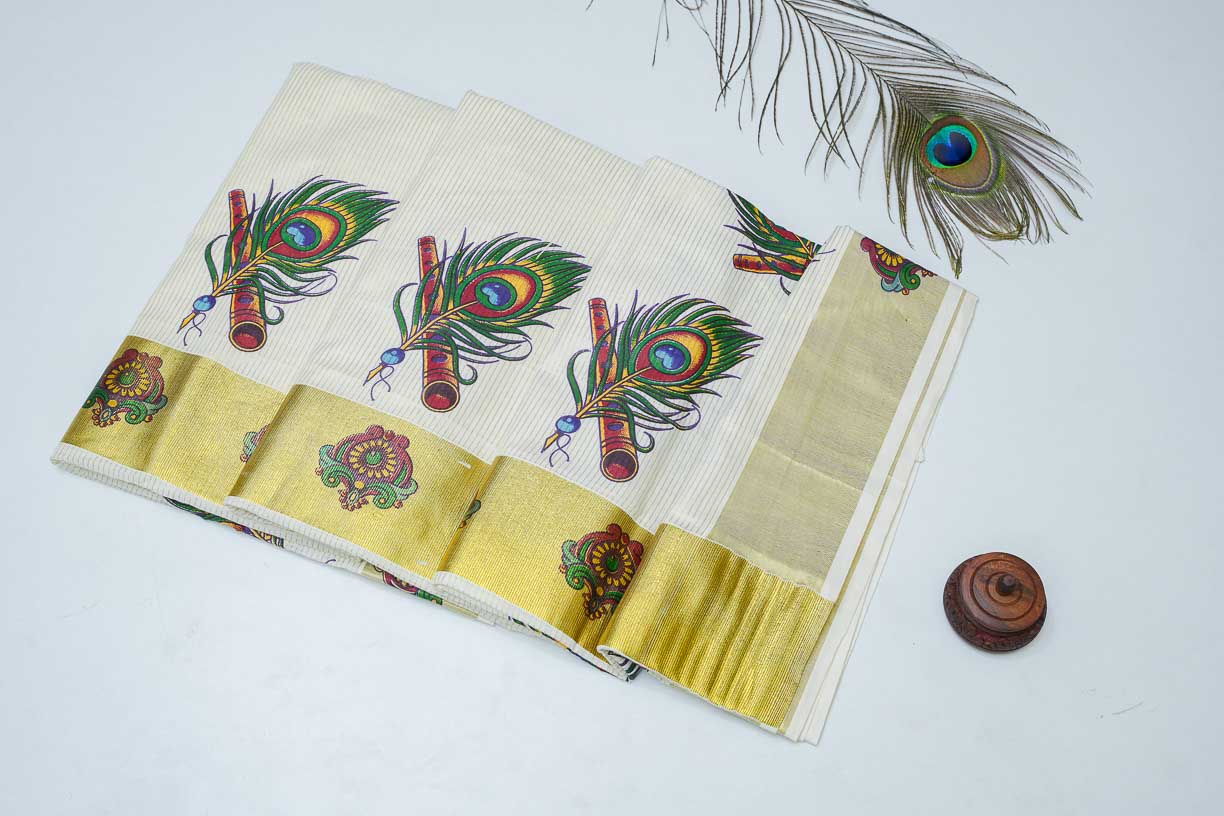 White Cotton Handloom Saree with Peacock Stitched Design