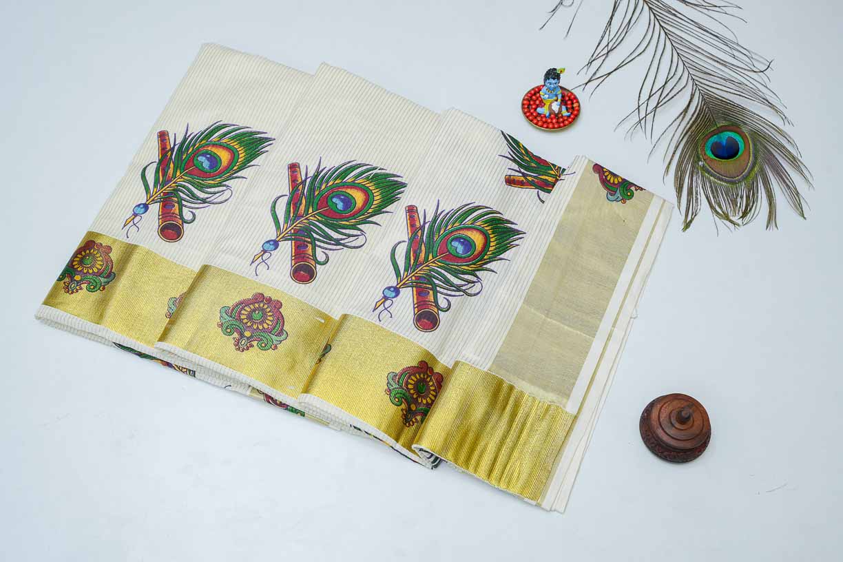 White Cotton Handloom Saree with Peacock Stitched Design