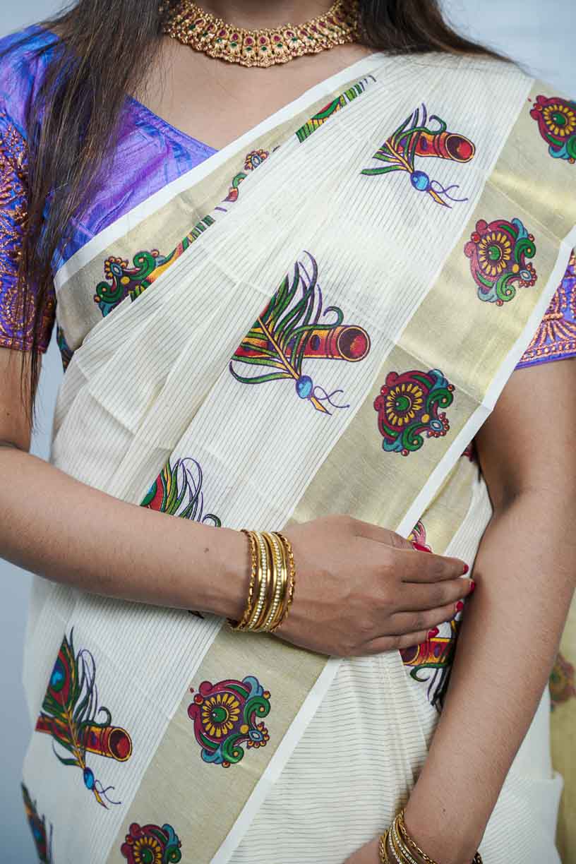 White Cotton Handloom Saree with Peacock Stitched Design