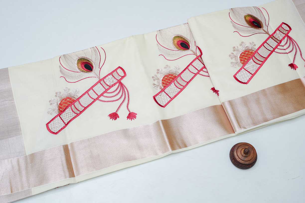 White Cotton Handloom Saree with Bamboo Flute Stitched Design
