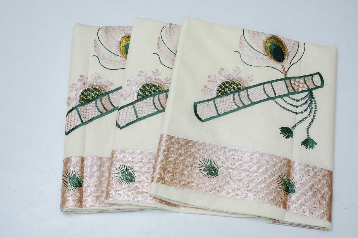 White Cotton Handloom Saree with Bamboo Flute Stitched Design