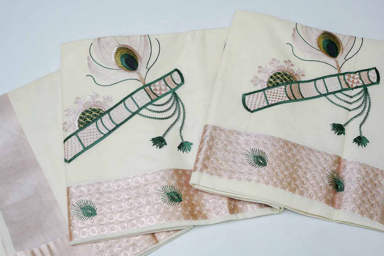 White Cotton Handloom Saree with Bamboo Flute Stitched Design