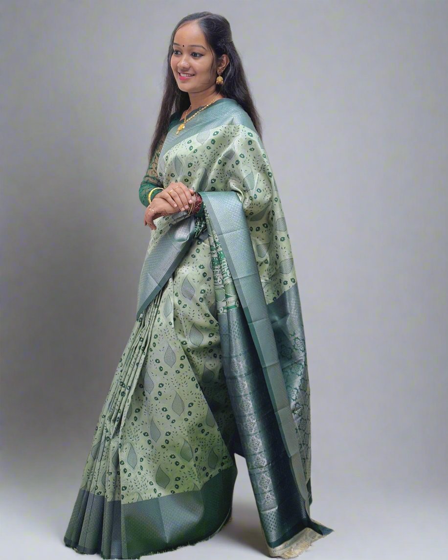 Handloom Green Silk Saree with Floral Motifs Product Description: