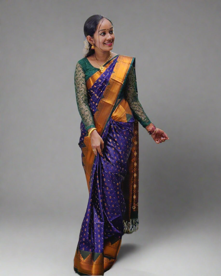 Handloom Blue Silk Saree with Green and Golden Design Border