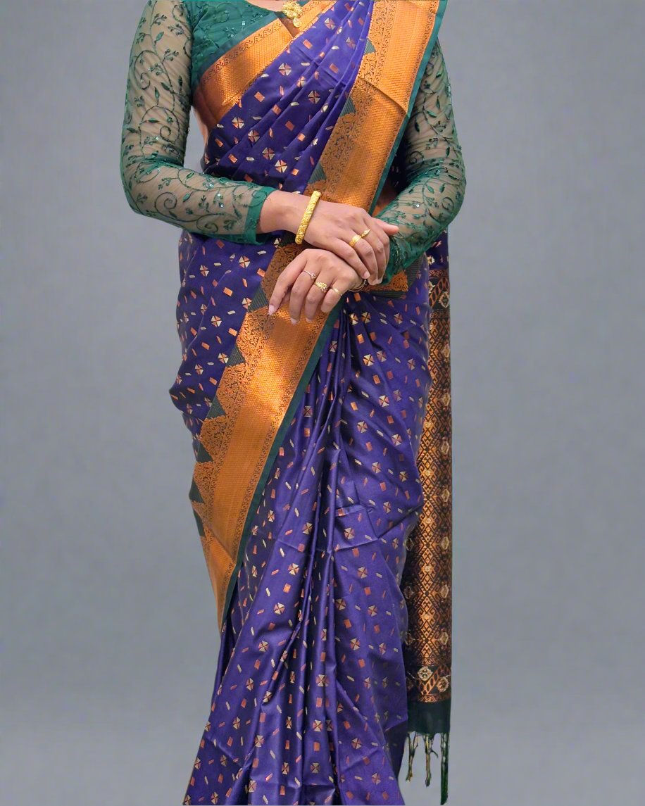 Handloom Blue Silk Saree with Green and Golden Design Border