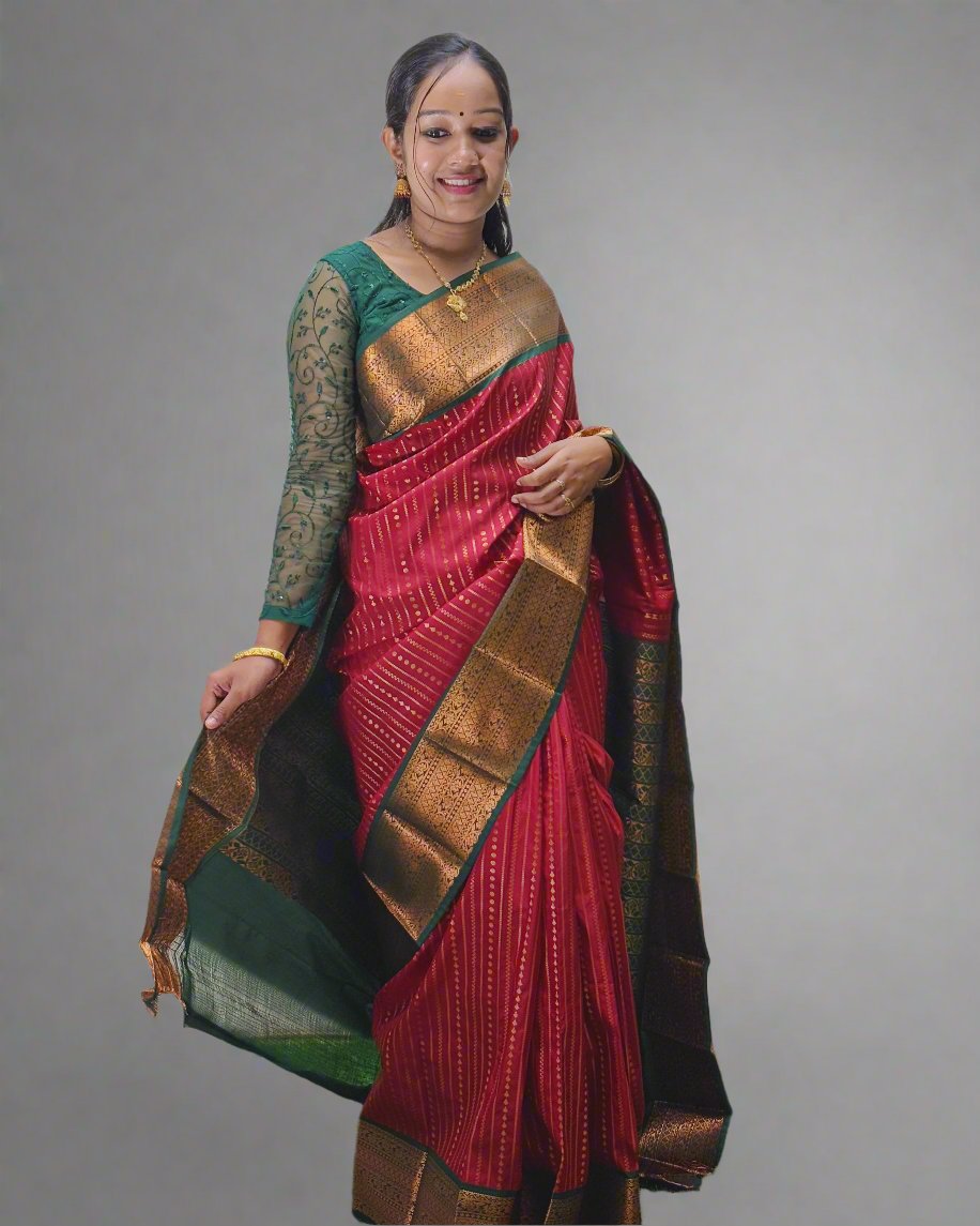 Handloom Copper Red Silk Saree with Green and Golden Design Border