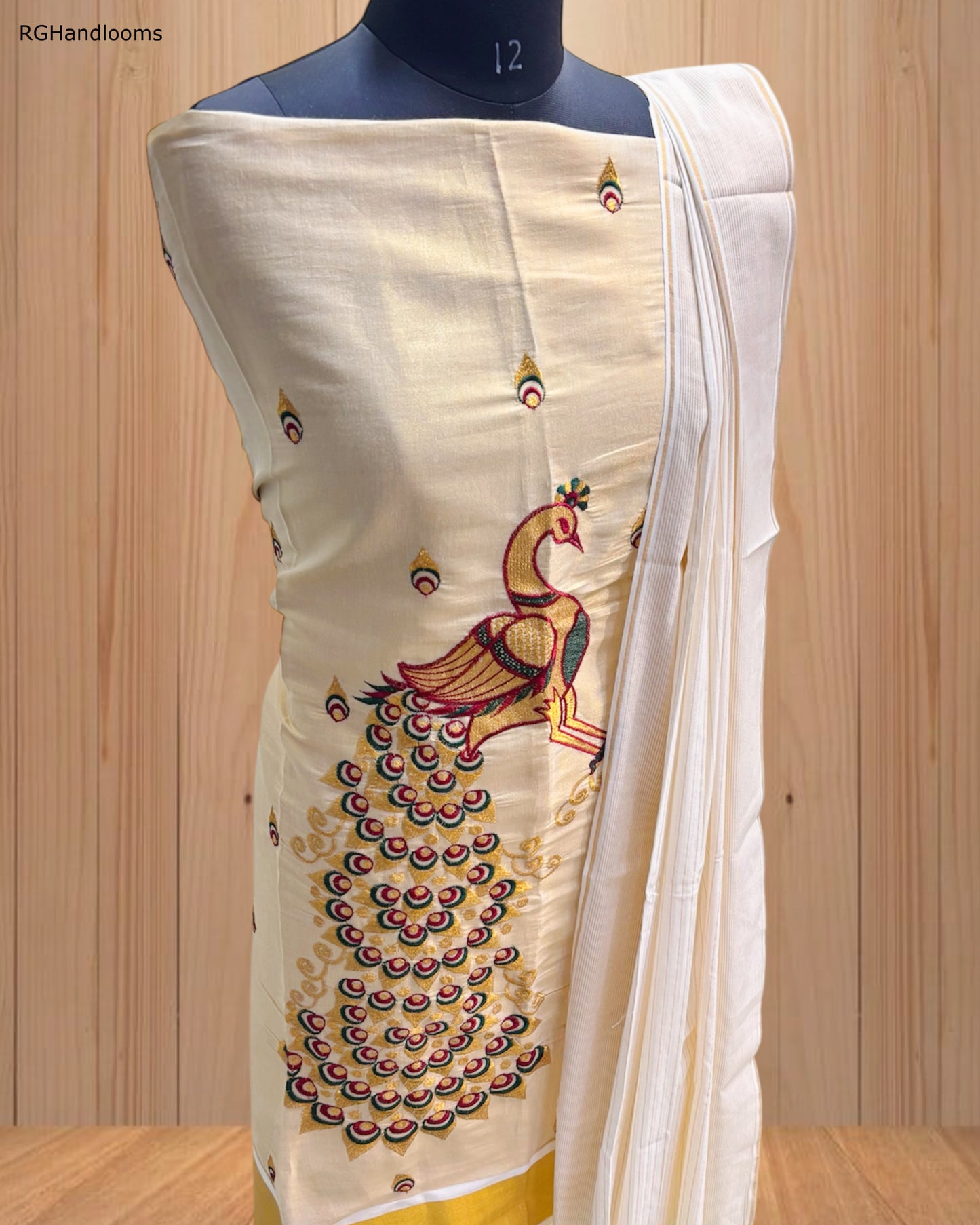 Churidar Material with Majestic Peacock Design & Golden Border