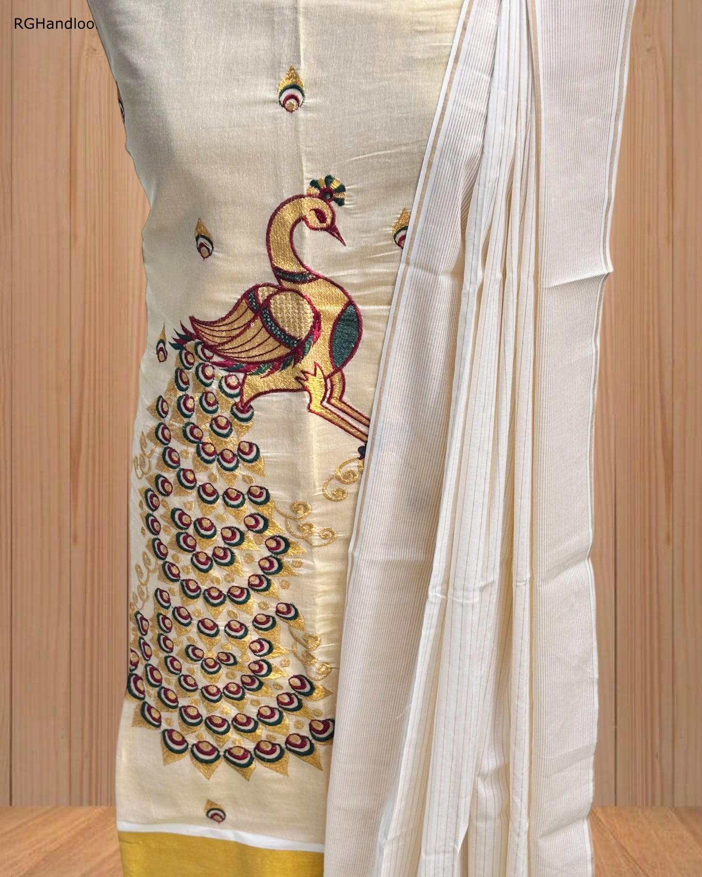 Churidar Material with Majestic Peacock Design & Golden Border