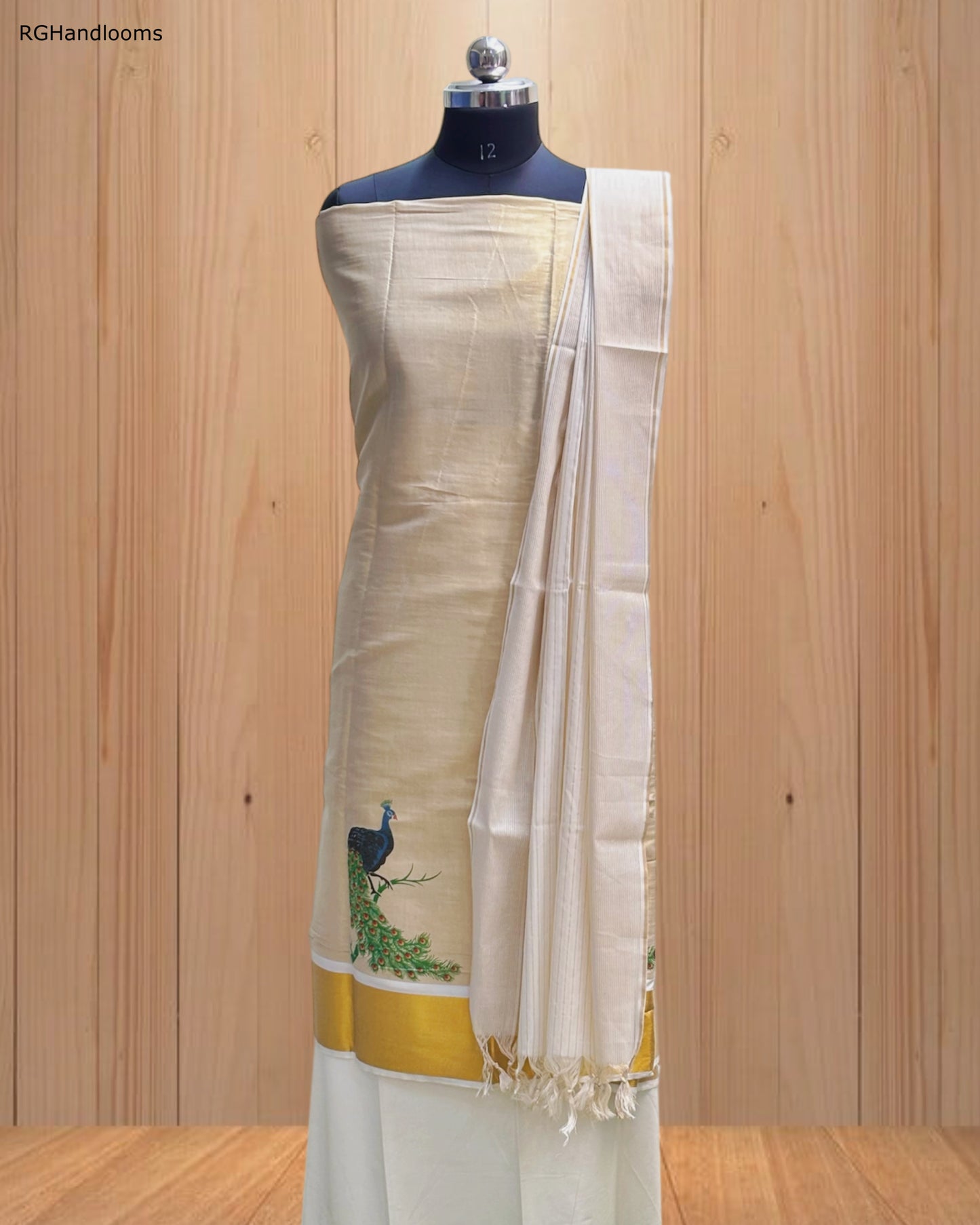 Ivory Churidar Material with Graceful Peacock Design & Golden Border