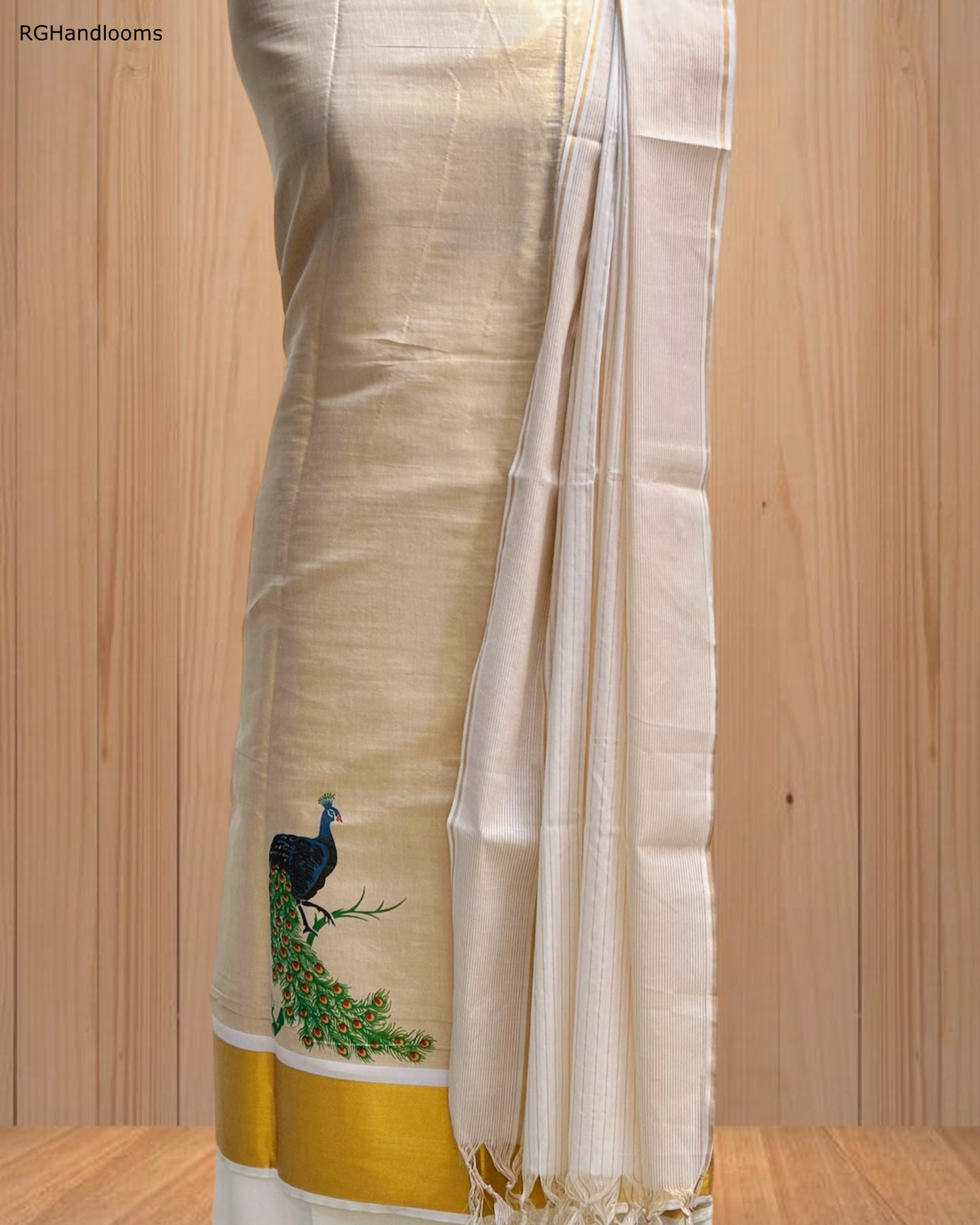 Ivory Churidar Material with Graceful Peacock Design & Golden Border
