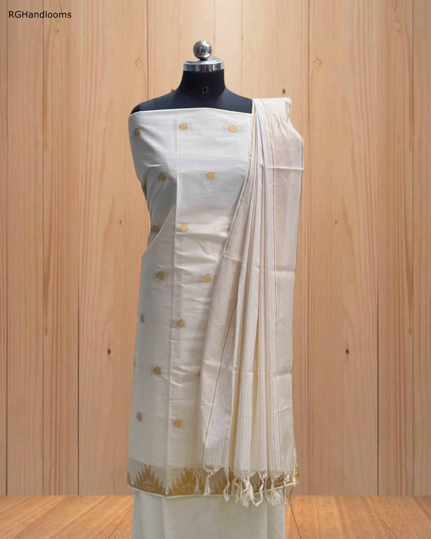 White Churidar Material with Golden Design & Golden Border