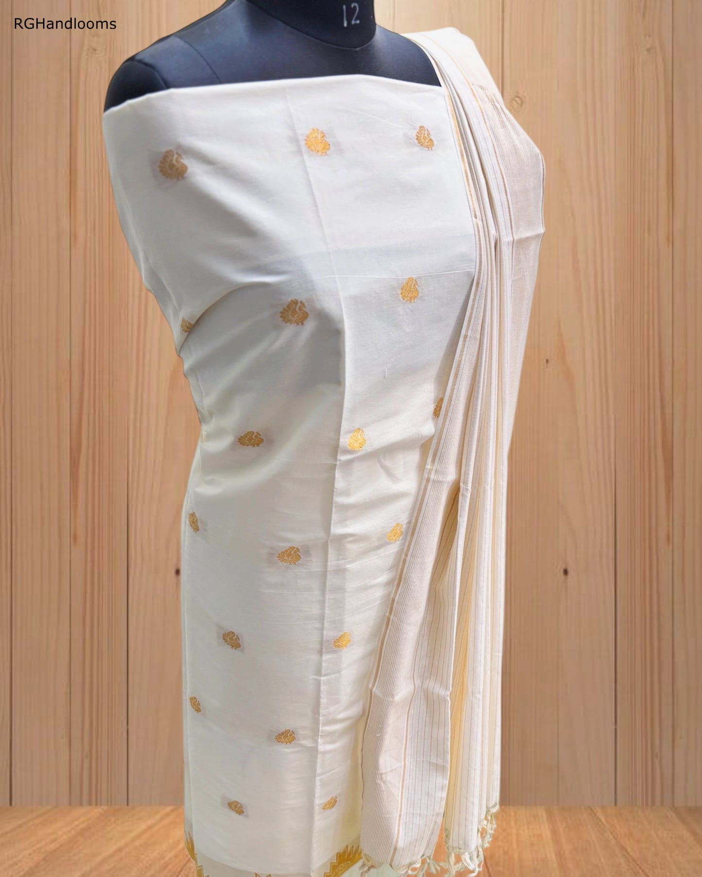 White Churidar Material with Golden Design & Golden Border