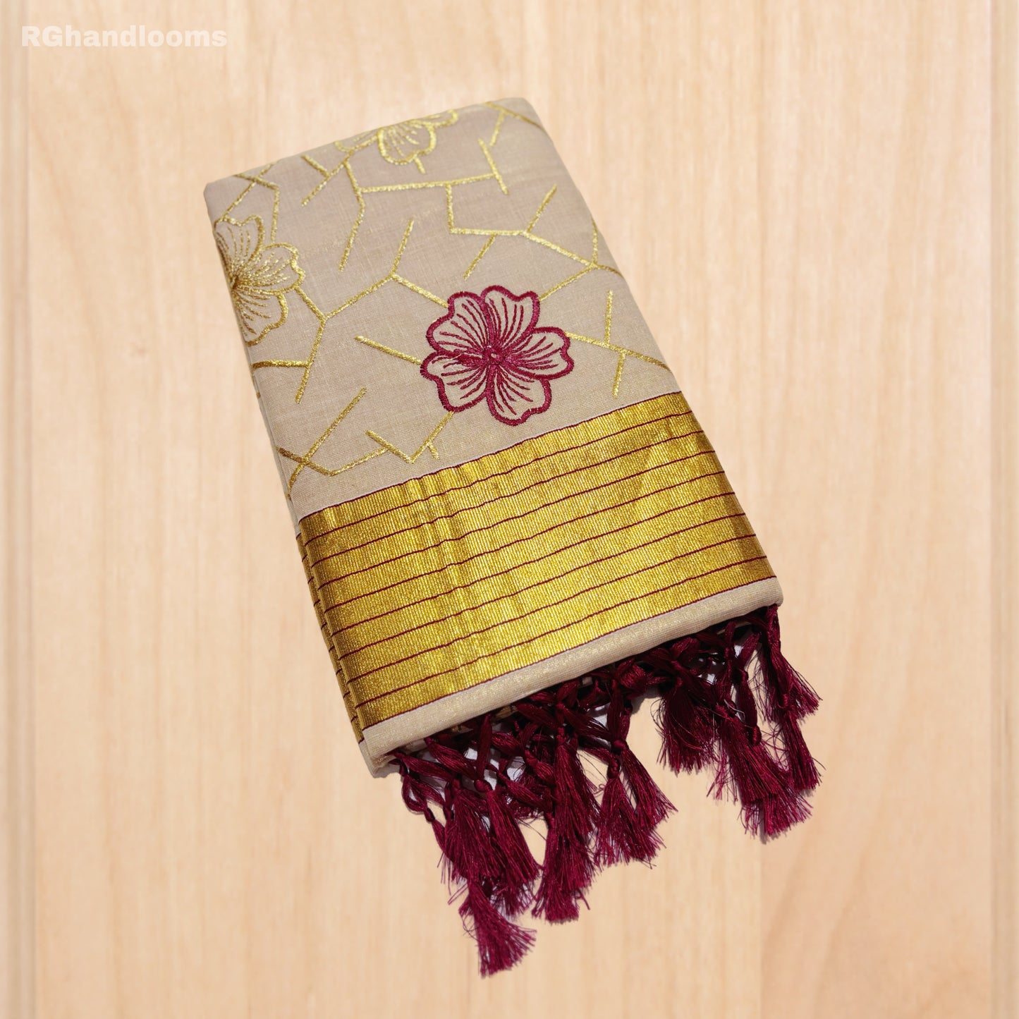 Beige Kerala Saree with Stitched Flower, Red Line, and Golden Border