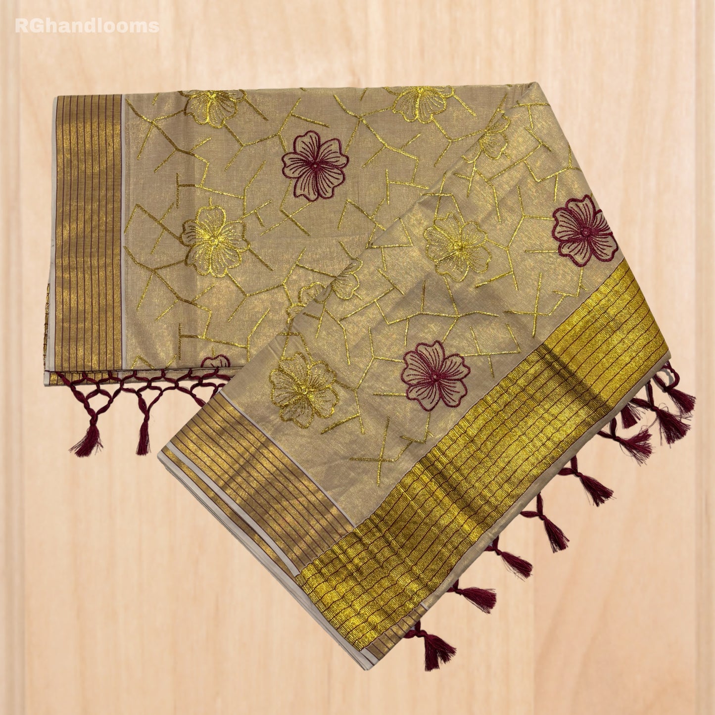 Beige Kerala Saree with Stitched Flower, Red Line, and Golden Border