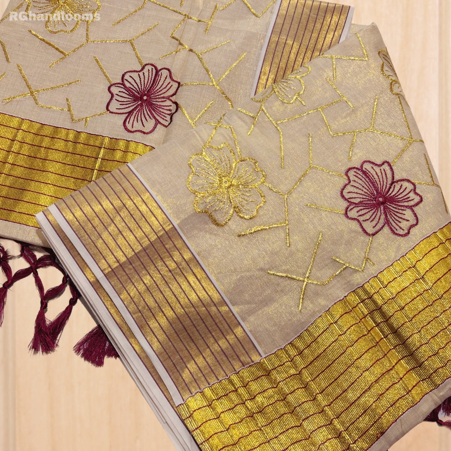 Beige Kerala Saree with Stitched Flower, Red Line, and Golden Border