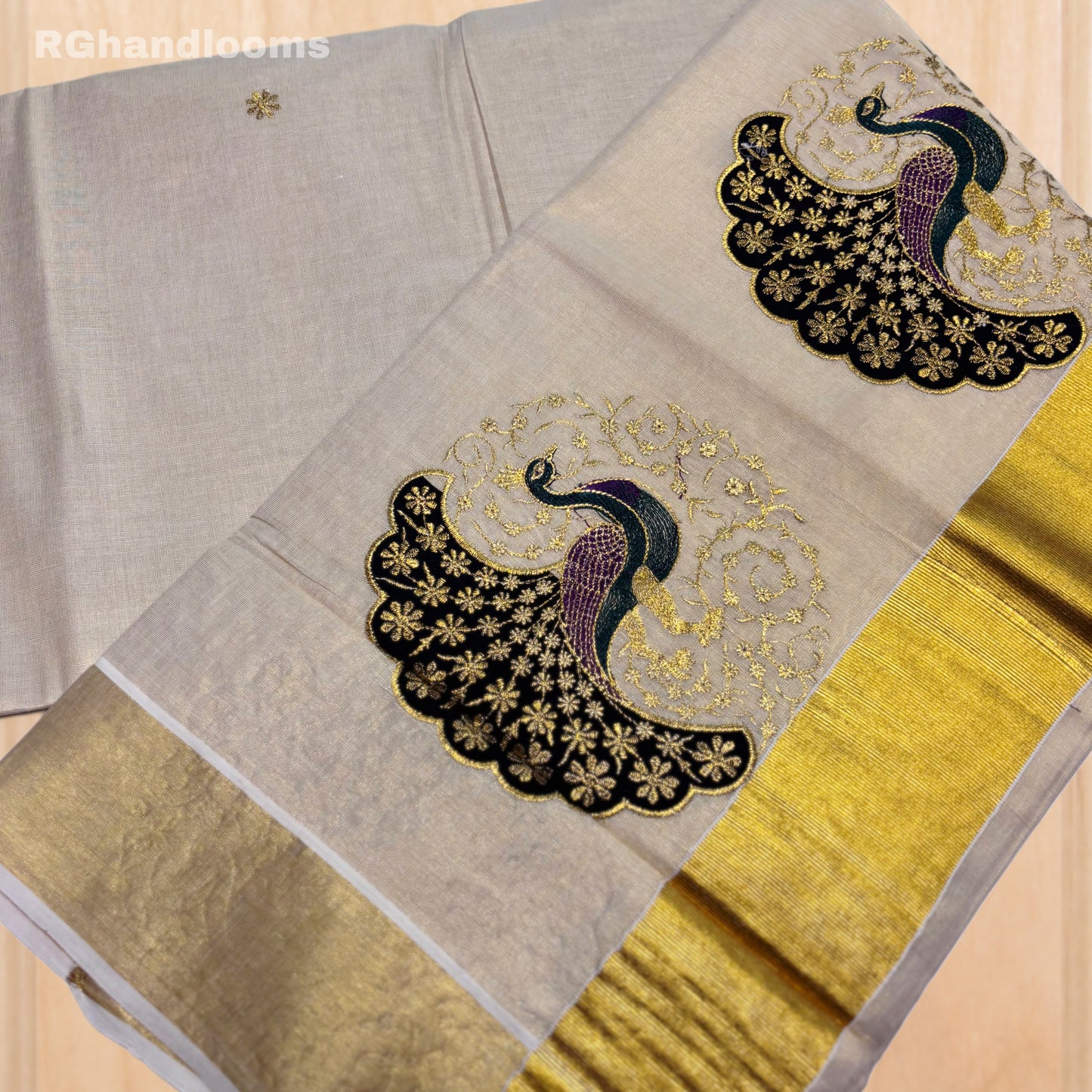 GoldenTissue Saree Peacock Embroidery Work