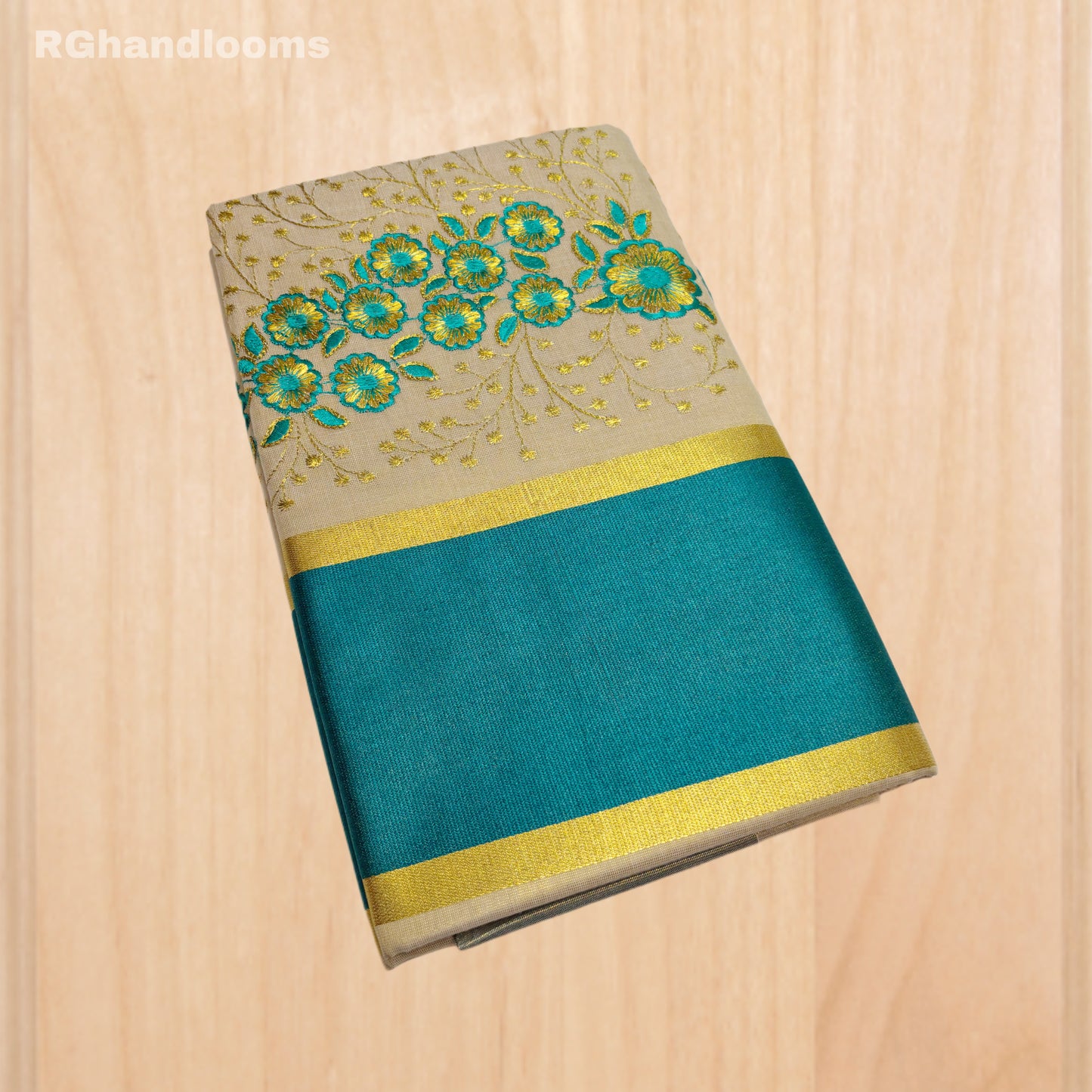 Ivory Saree with Red Sunflower Stitch Design and Red Border
