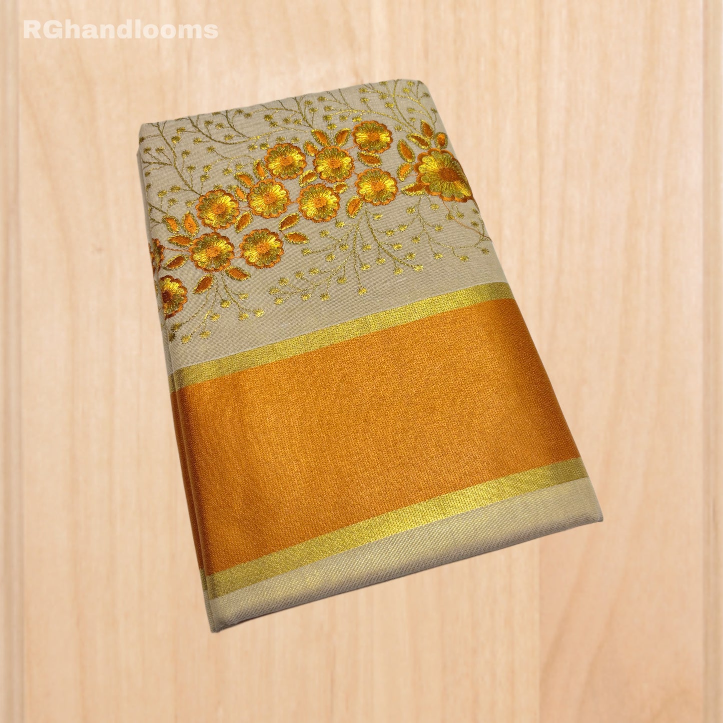 Ivory Saree with Red Sunflower Stitch Design and Red Border