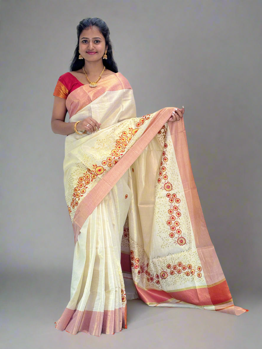 Ivory Saree with Red Sunflower Stitch Design and Red Border