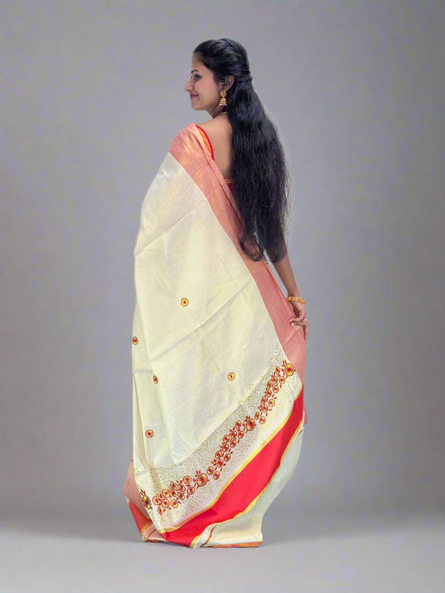 Ivory Saree with Red Sunflower Stitch Design and Red Border