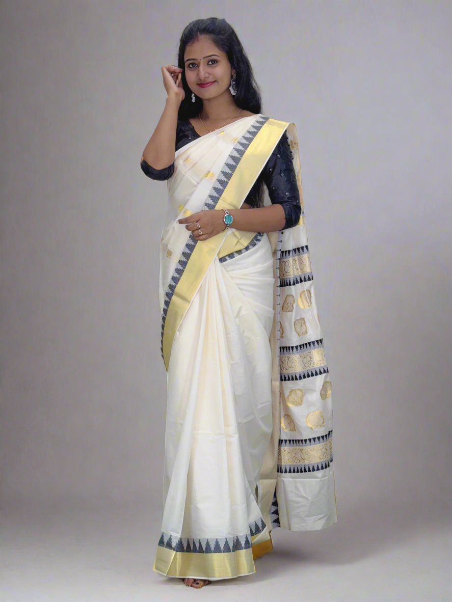 Handloom Beige Tissue Saree with Golden and Colored Border and Golden Design