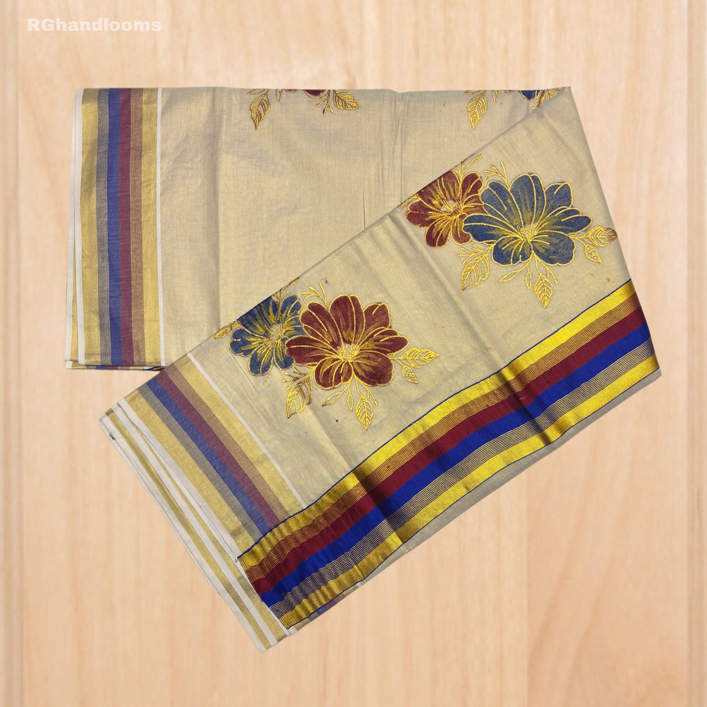 Tissue Hand Paint Saree with embroidery , with Flower Designs