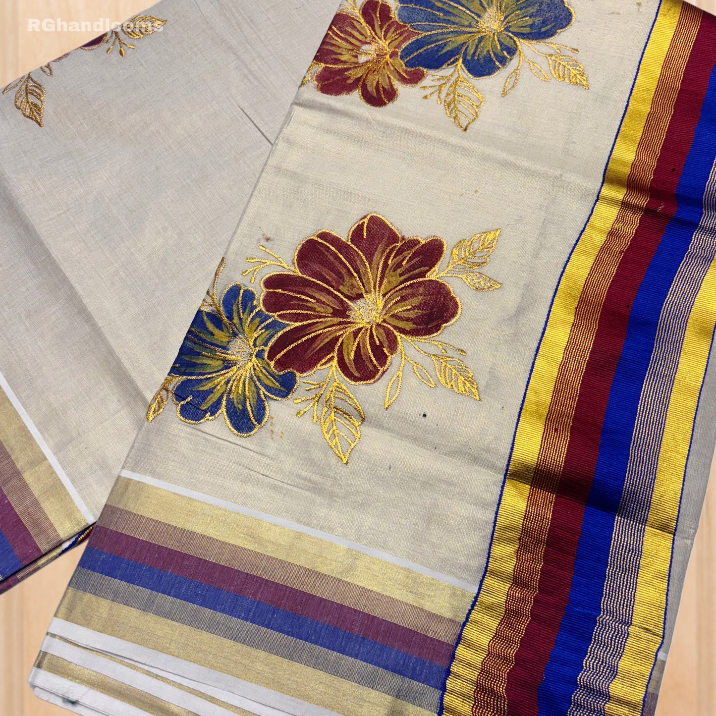 Tissue Hand Paint Saree with embroidery , with Flower Designs