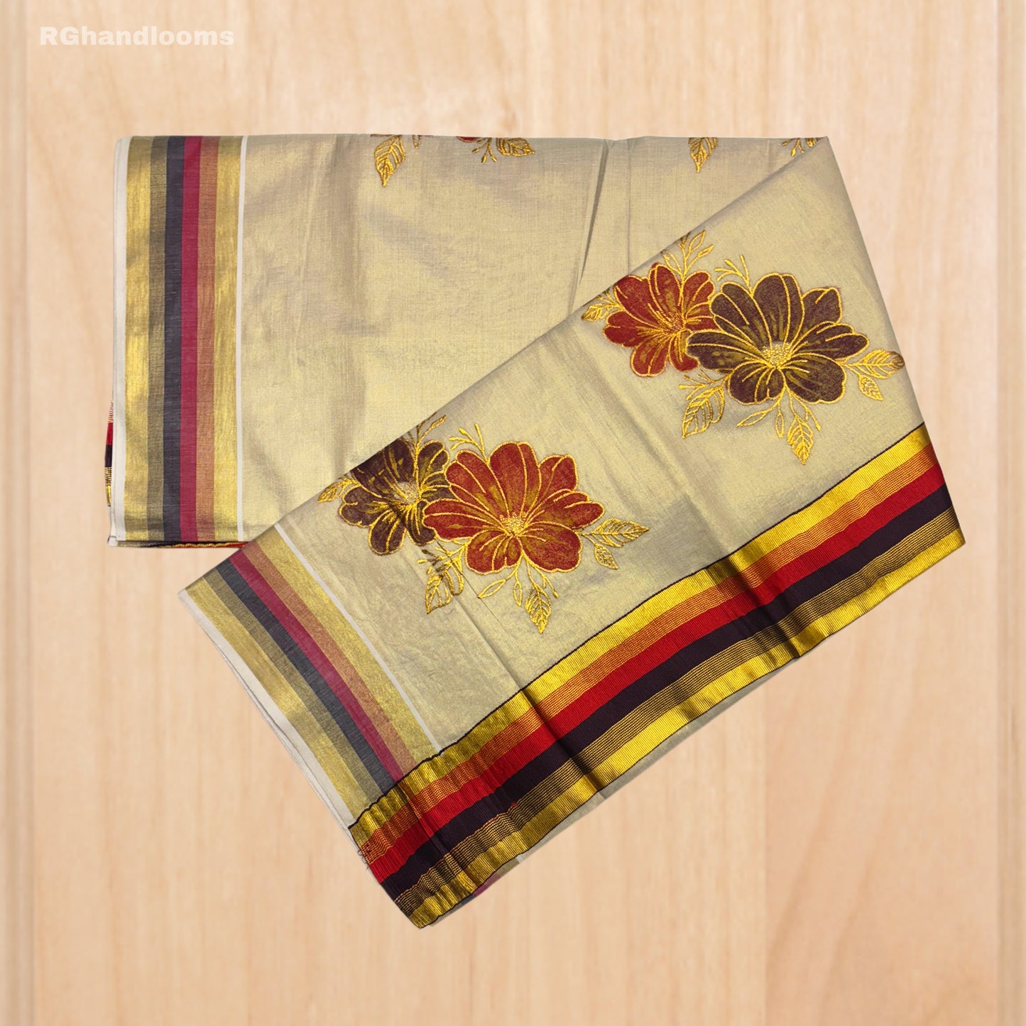 Tissue Hand Paint Saree with embroidery , with Flower Designs