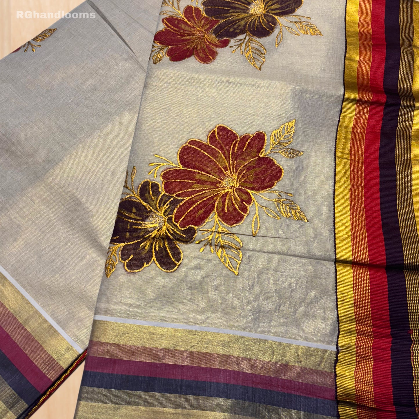 Tissue Hand Paint Saree with embroidery , with Flower Designs
