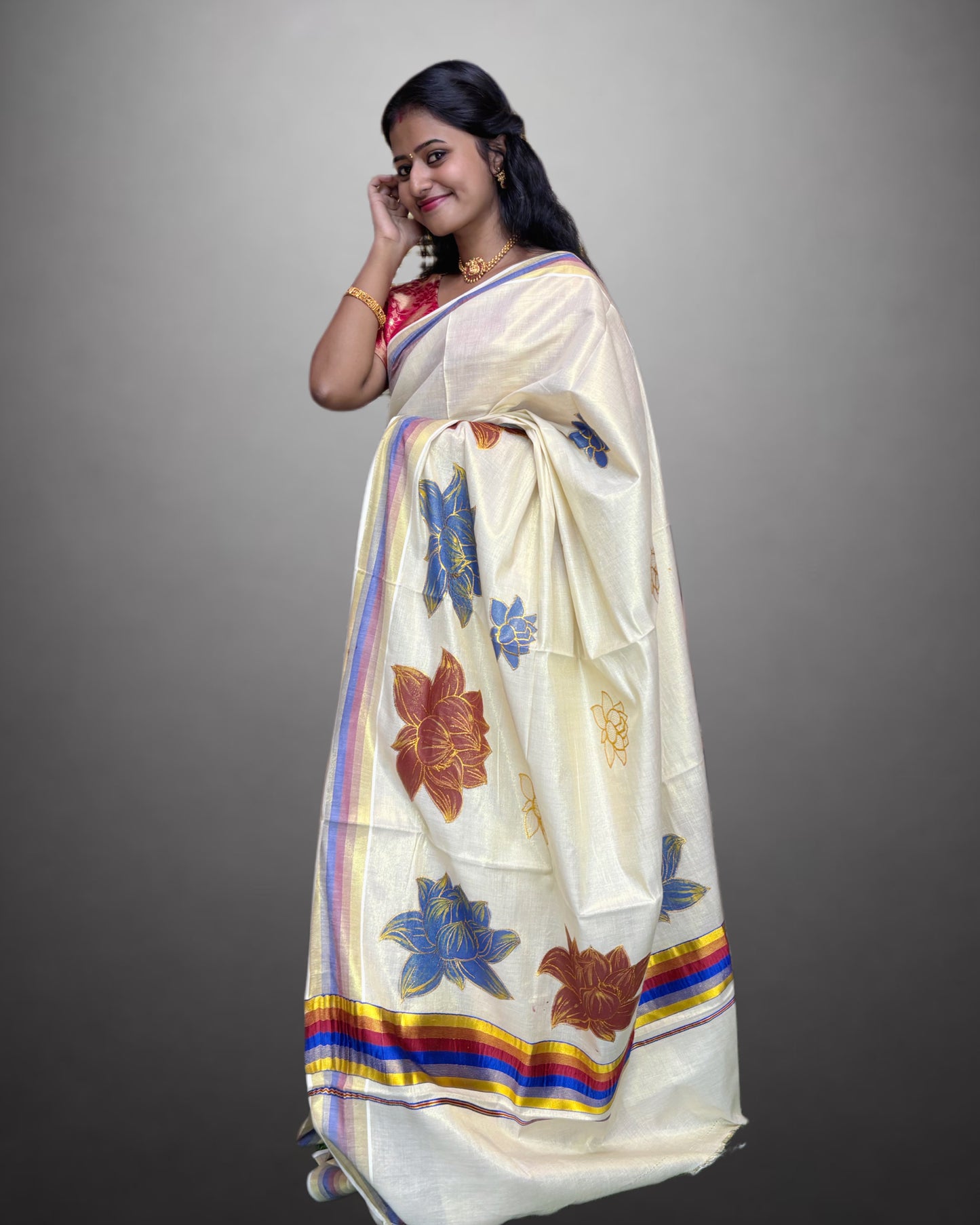 Tissue Hand Paint Saree with embroidery , with Flower Designs