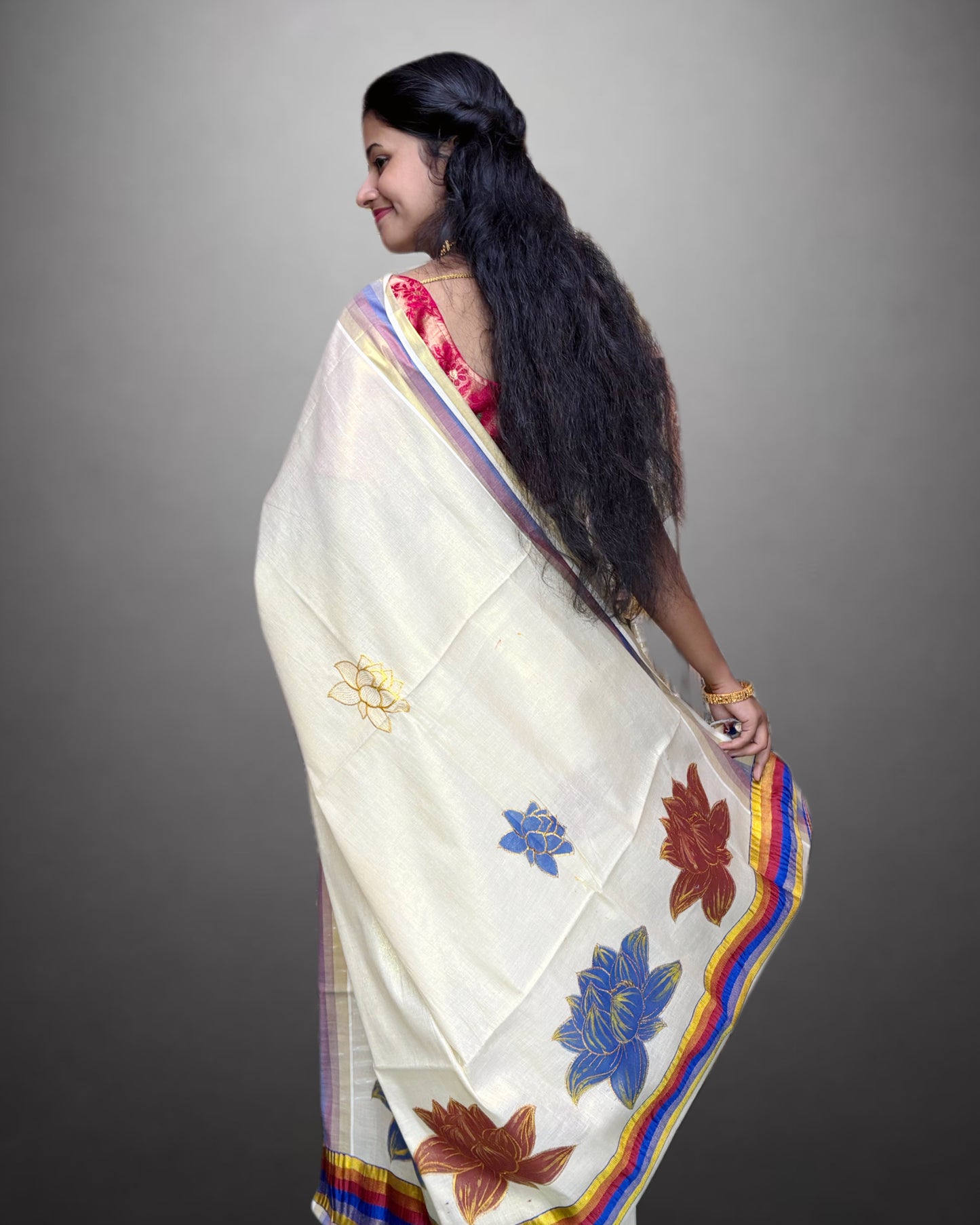 Tissue Hand Paint Saree with embroidery , with Flower Designs