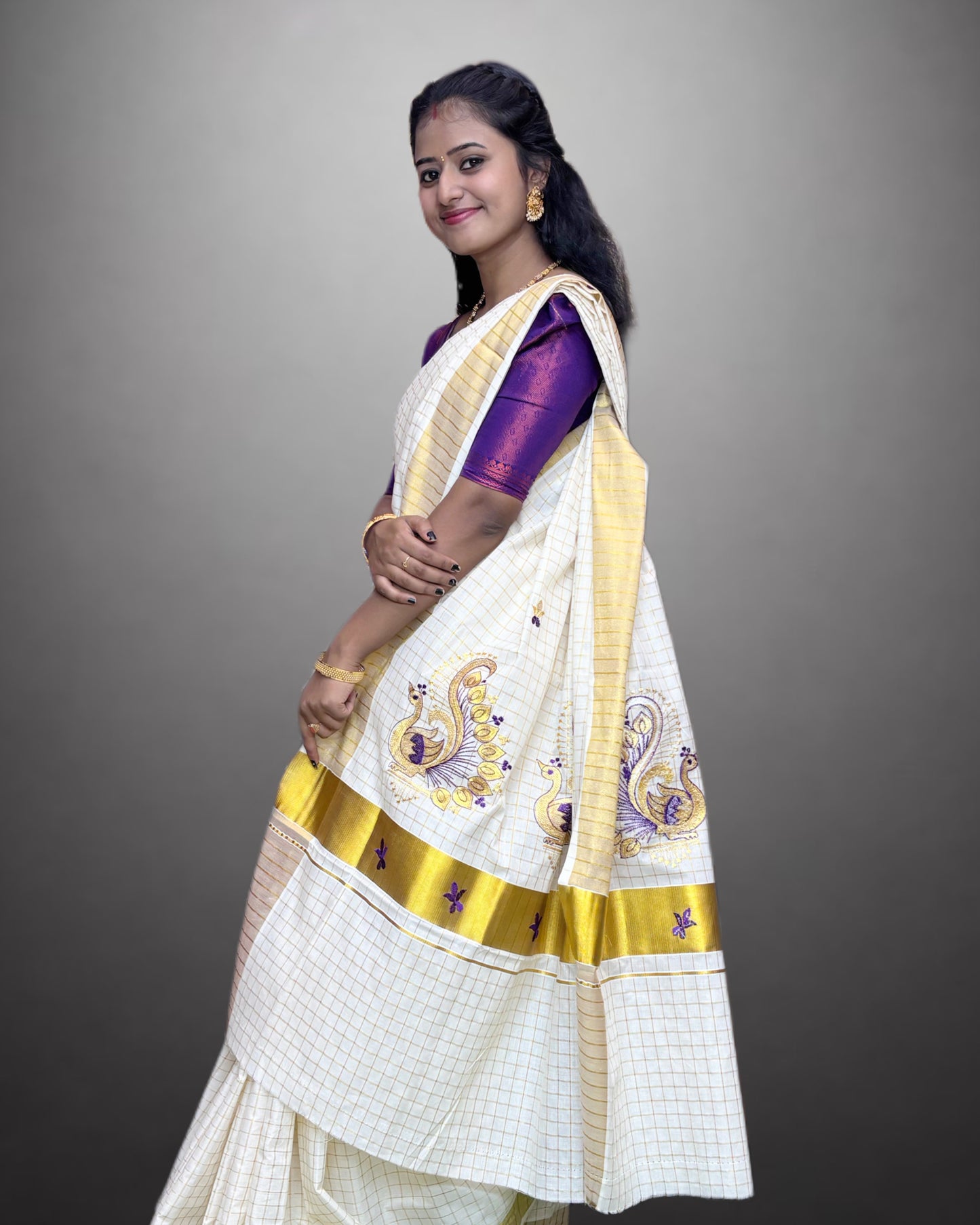 Cotton Set Saree Traditional Peacock With Check Pattern
