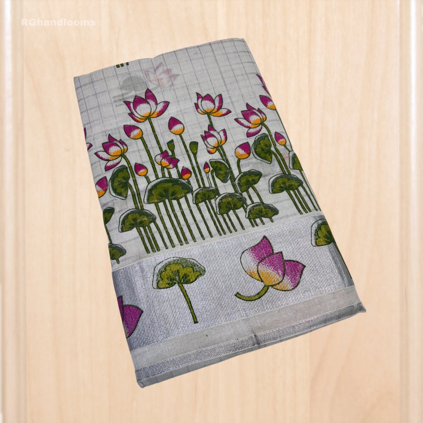 Silver Tissue Mural Print Saree with Lotus Design