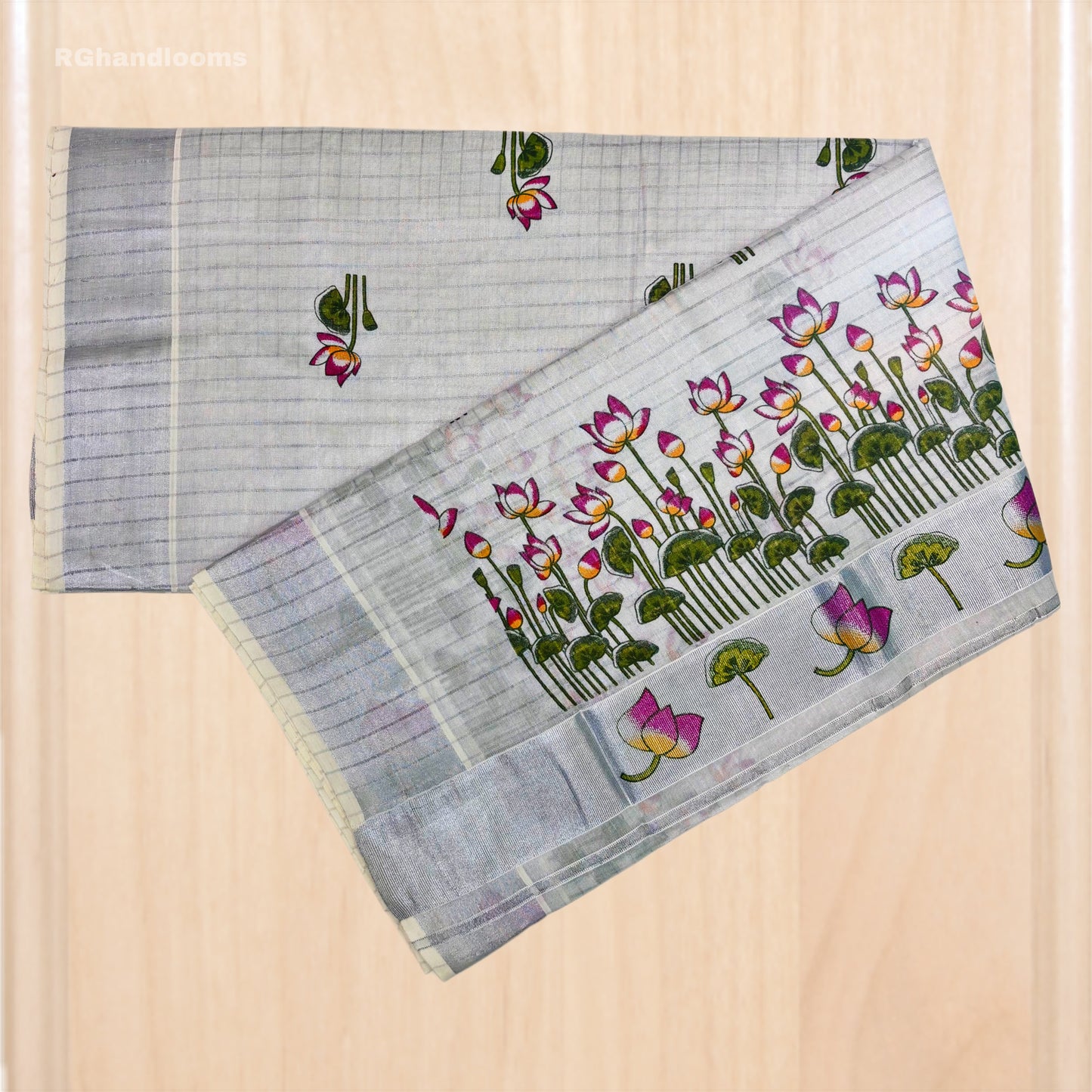 Silver Tissue Mural Print Saree with Lotus Design
