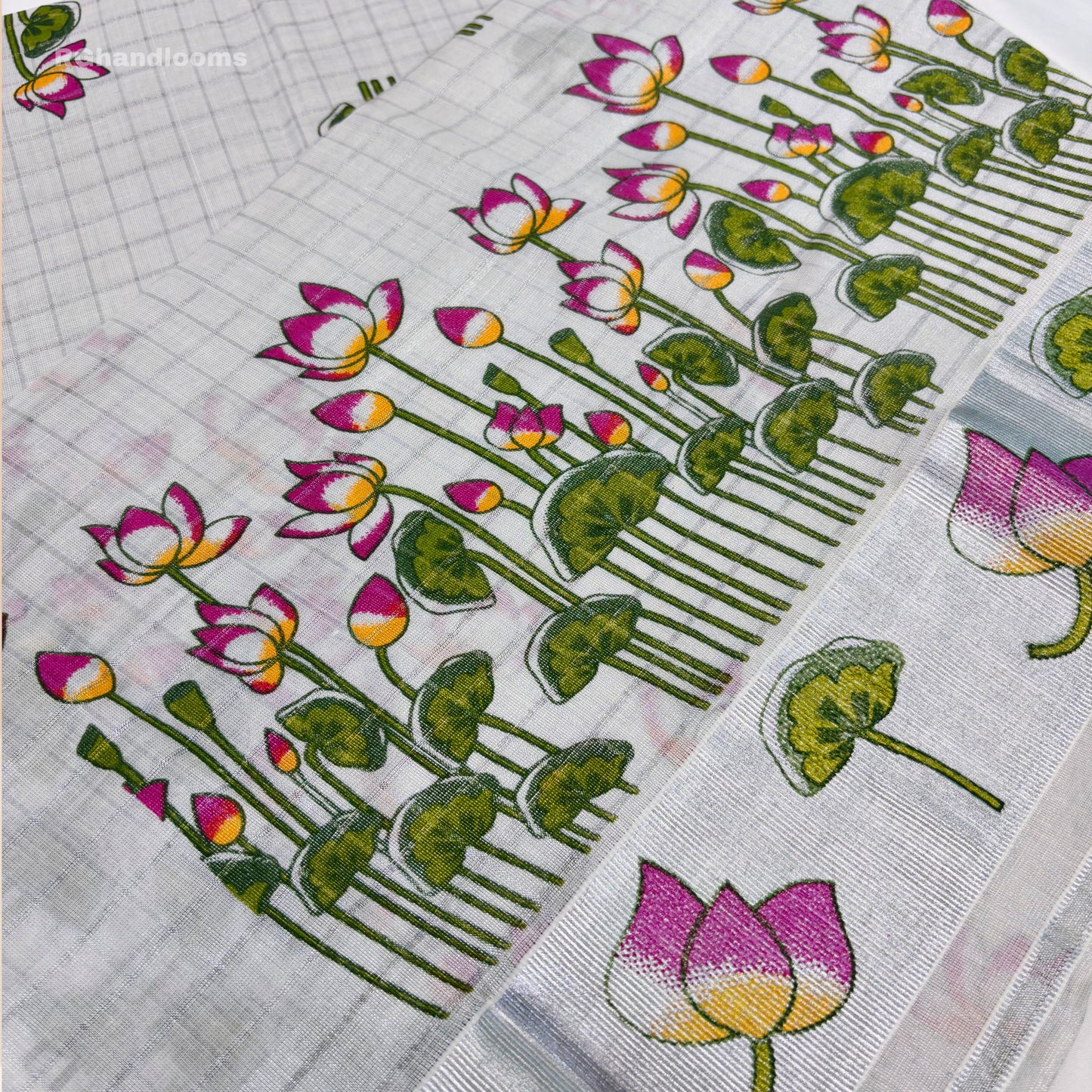 Silver Tissue Mural Print Saree with Lotus Design