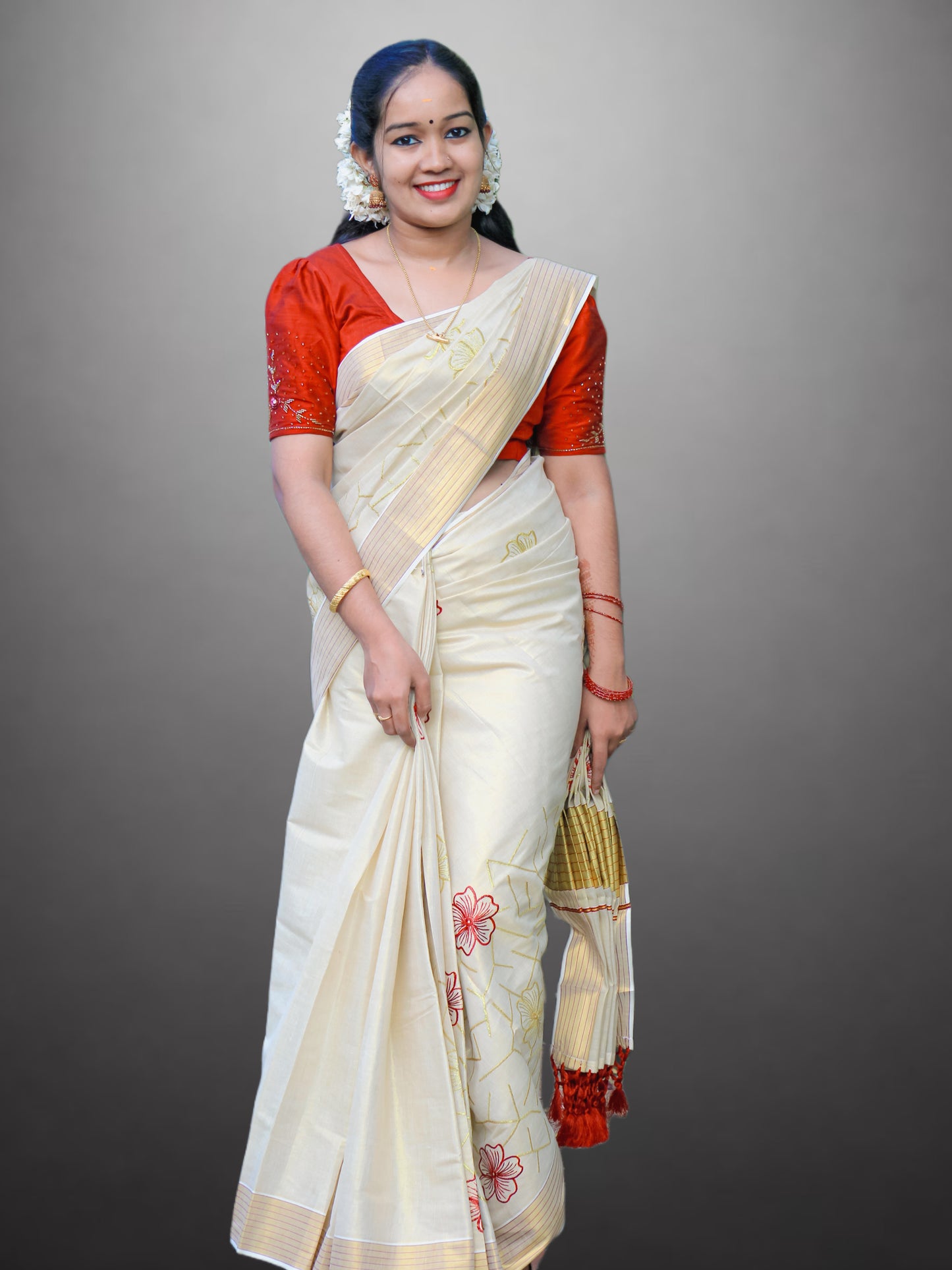 Beige Kerala Saree with Stitched Flower, Red Line, and Golden Border