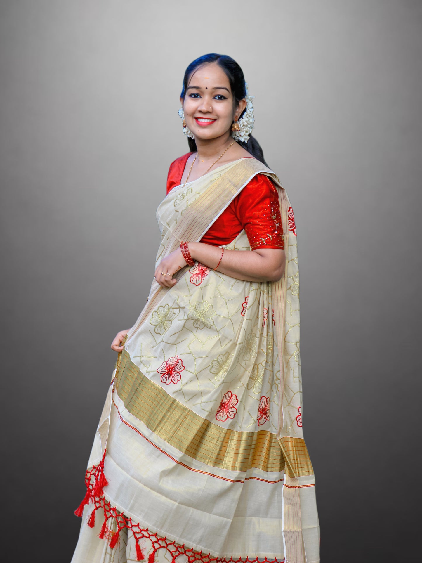 Beige Kerala Saree with Stitched Flower, Red Line, and Golden Border