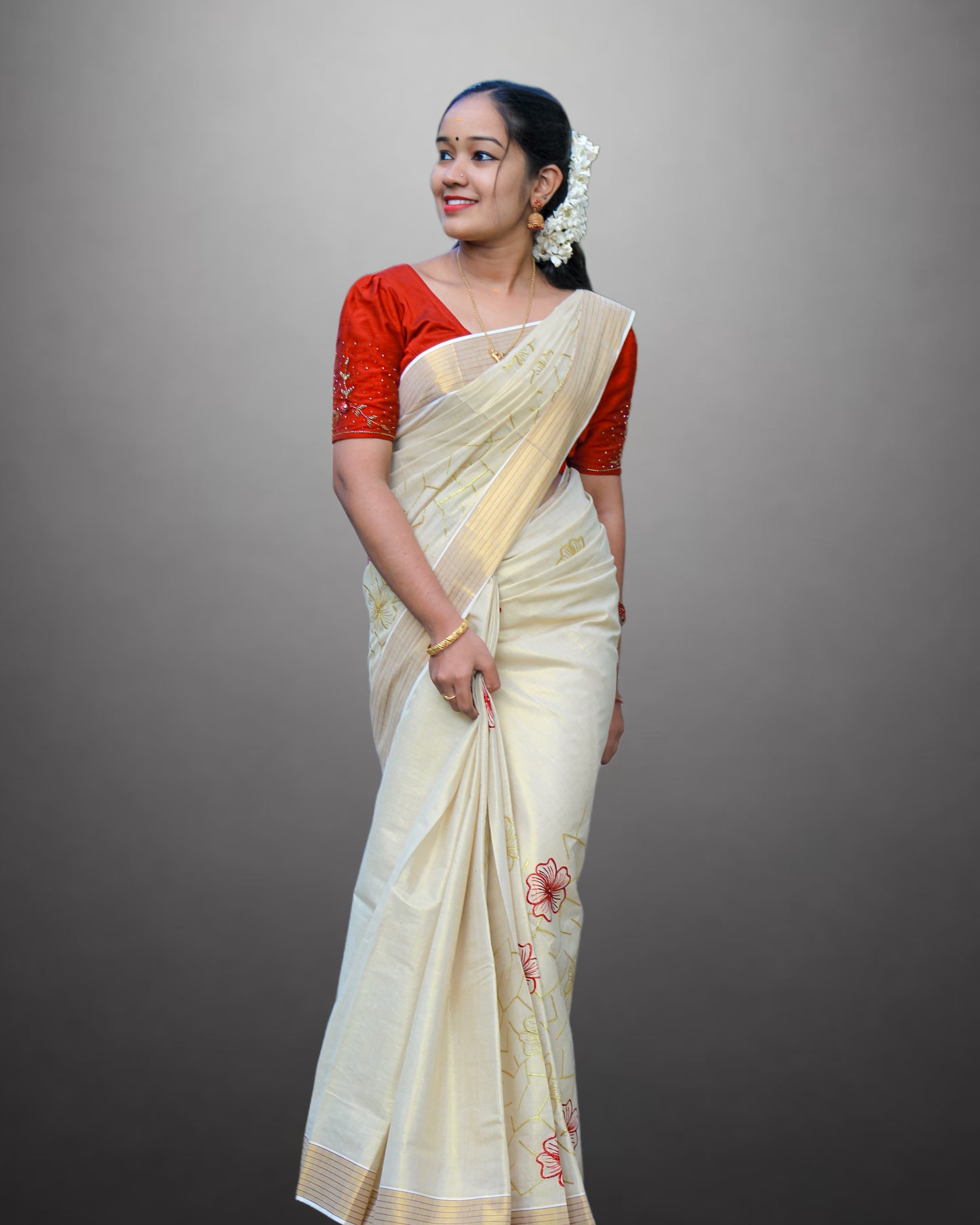 Beige Kerala Saree with Stitched Flower, Red Line, and Golden Border
