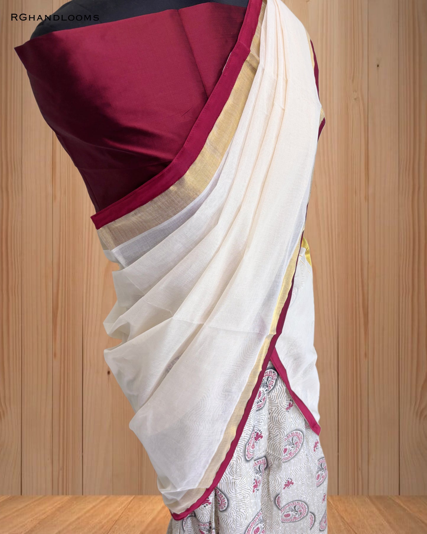 Kerala traditional Dhavani set, Red and golden Border