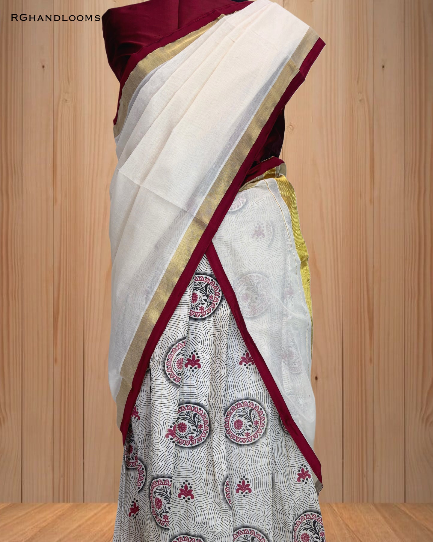 Kerala traditional Dhavani set, Red and golden Border
