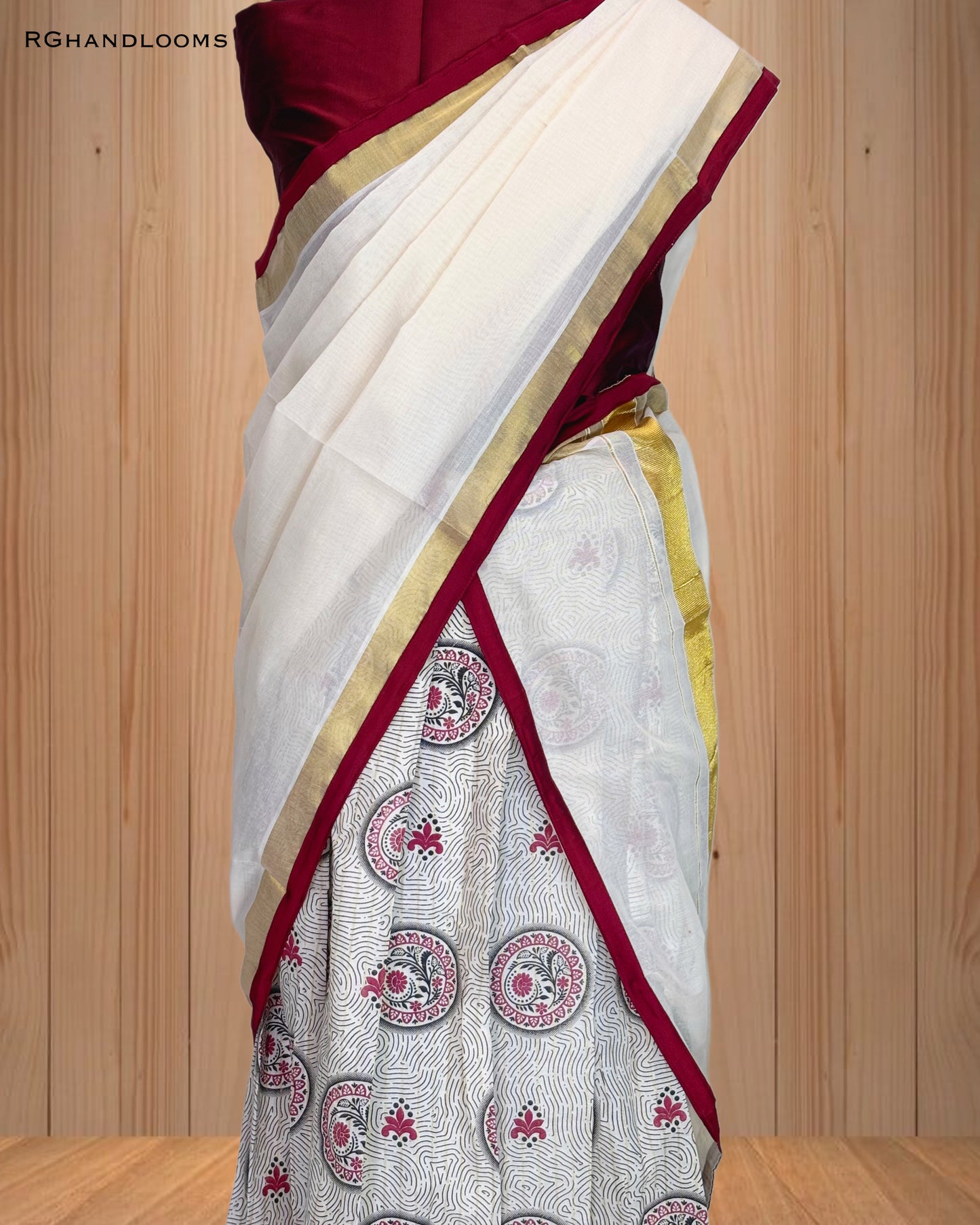 Kerala traditional Dhavani set, Red and golden Border