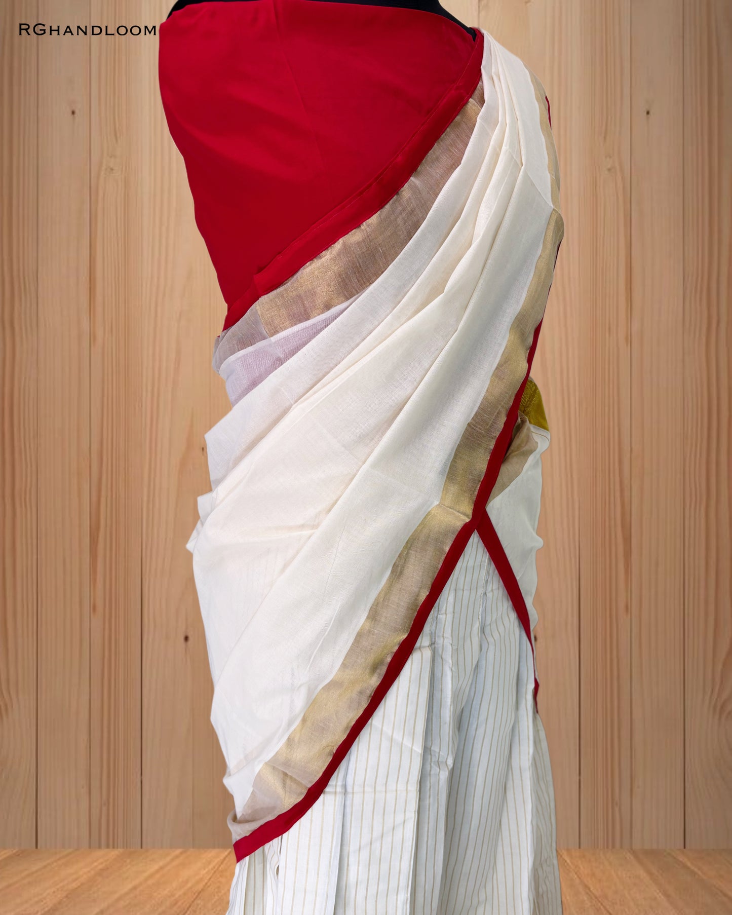 Kerala traditional dhavani set, adorned with a radiant red and golden border.