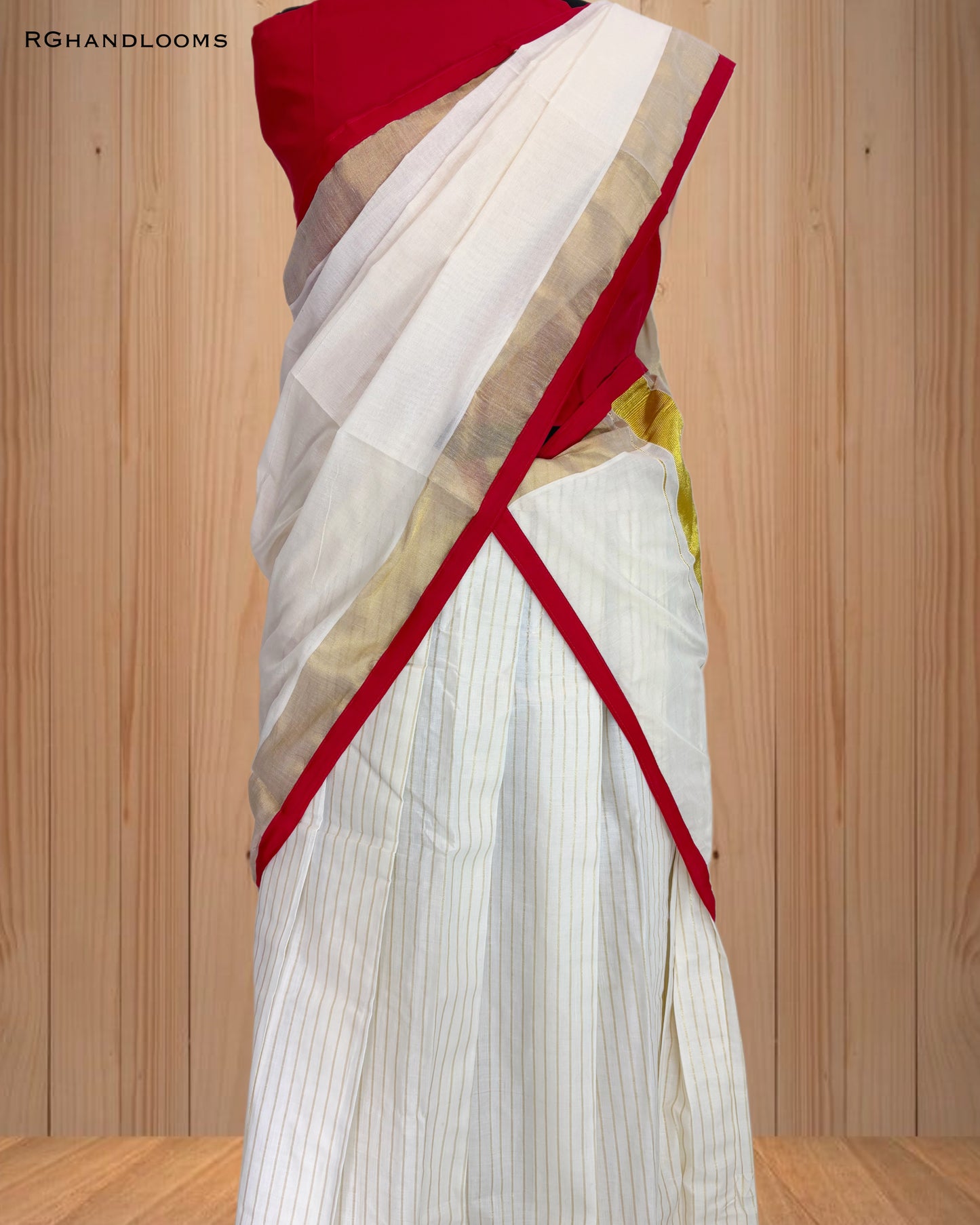 Kerala traditional dhavani set, adorned with a radiant red and golden border.