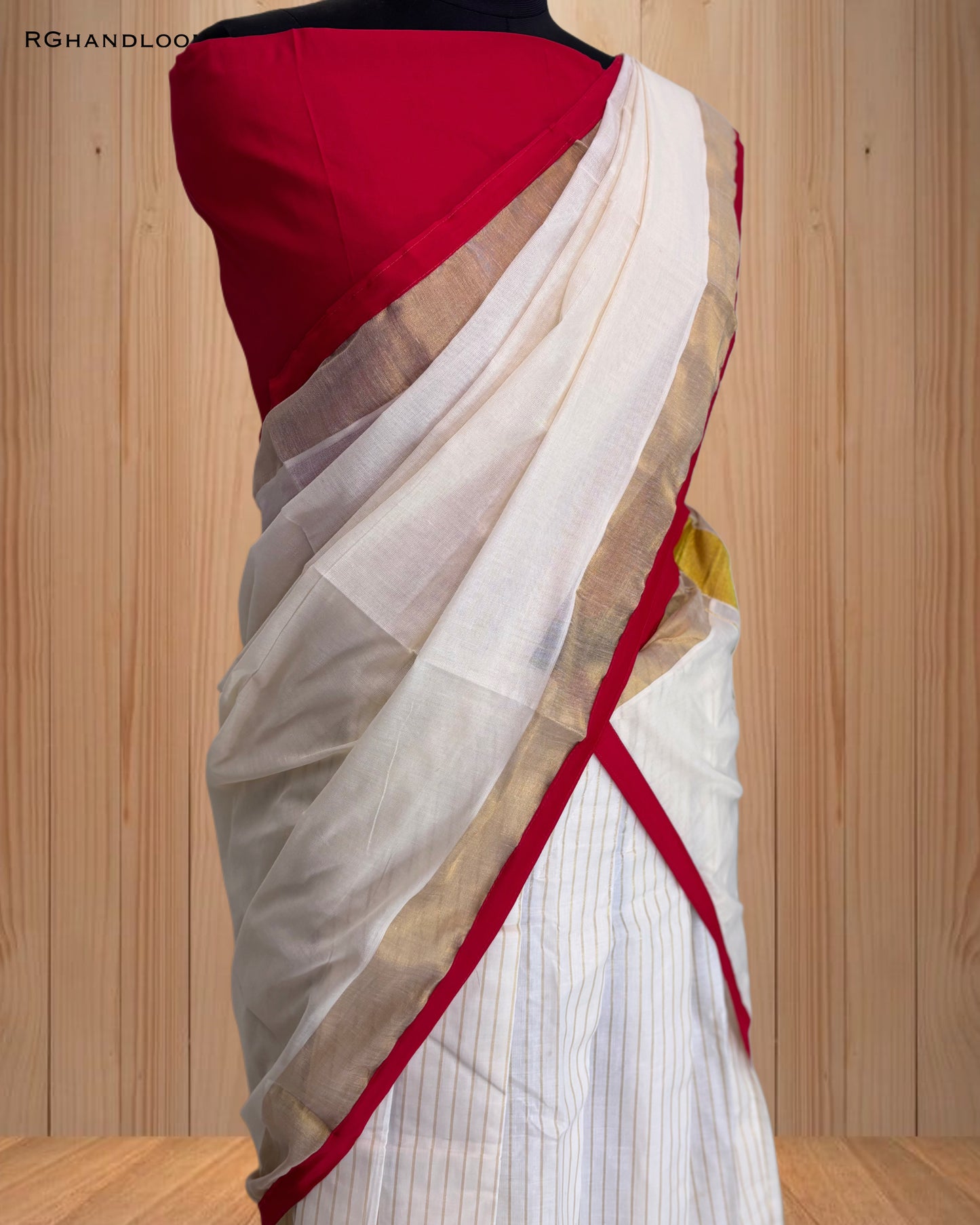 Kerala traditional dhavani set, adorned with a radiant red and golden border.