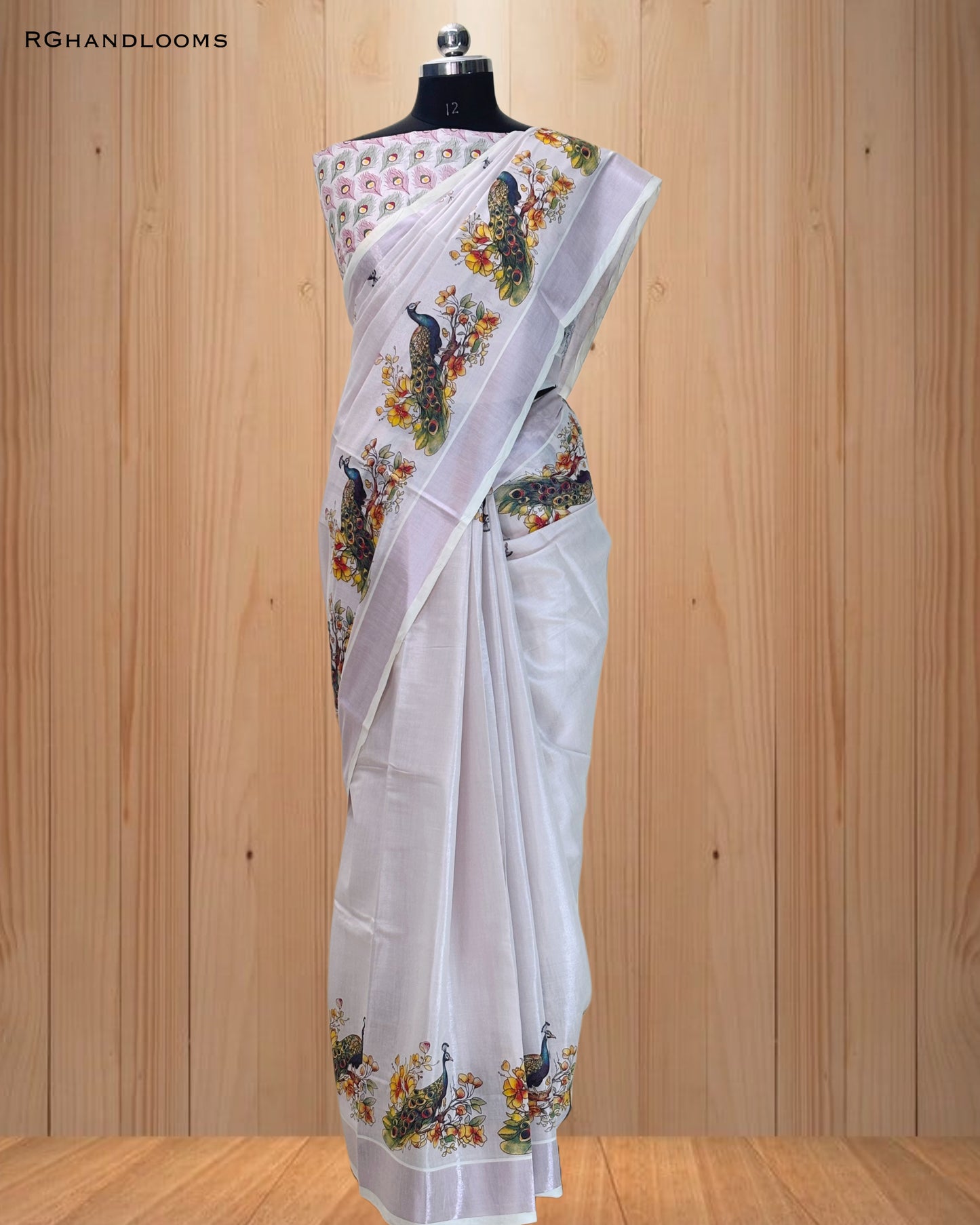 Pink Tissue Saree with Mural Print Peacock Design, paired with a stylish printed blouse