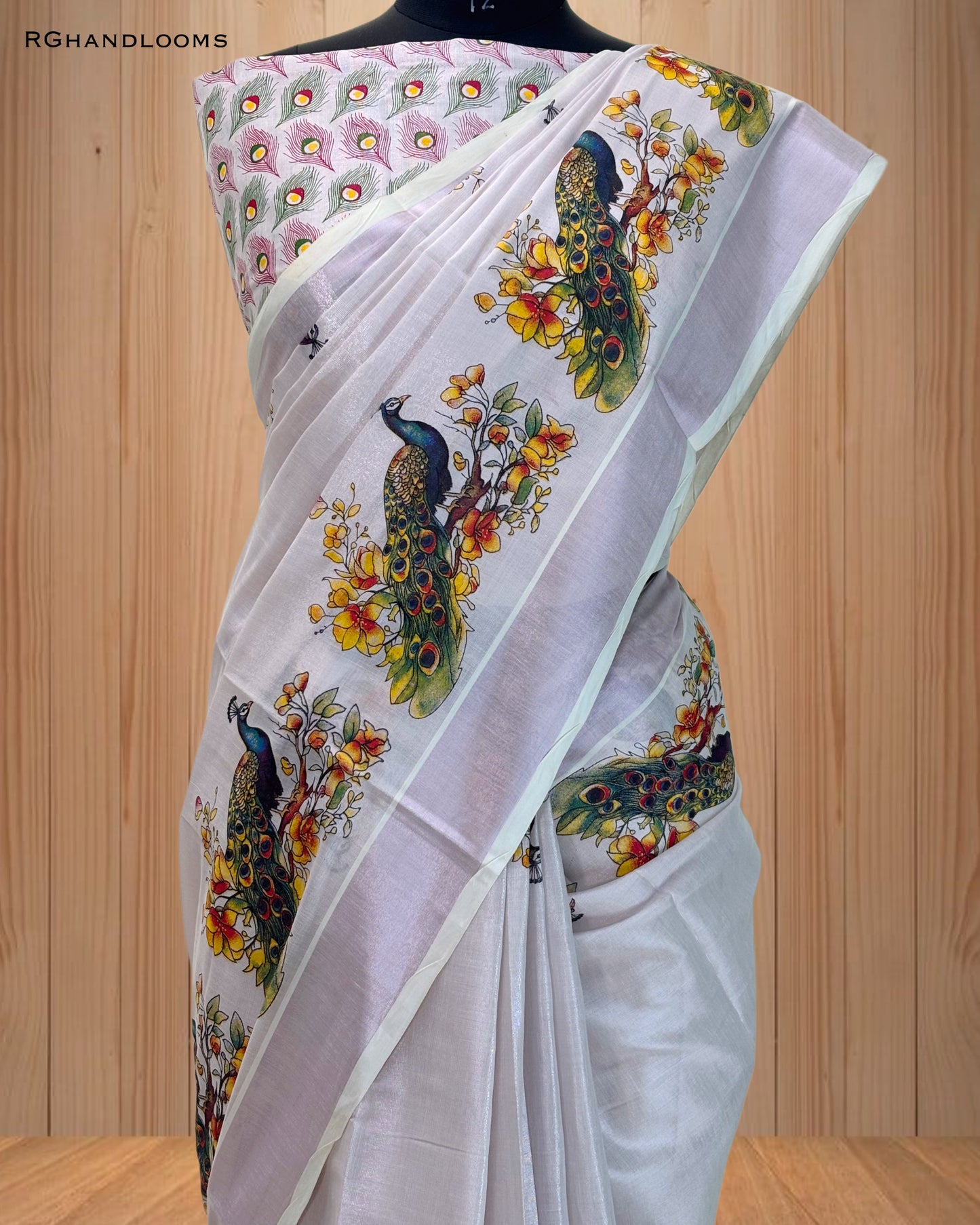 Pink Tissue Saree with Mural Print Peacock Design, paired with a stylish printed blouse