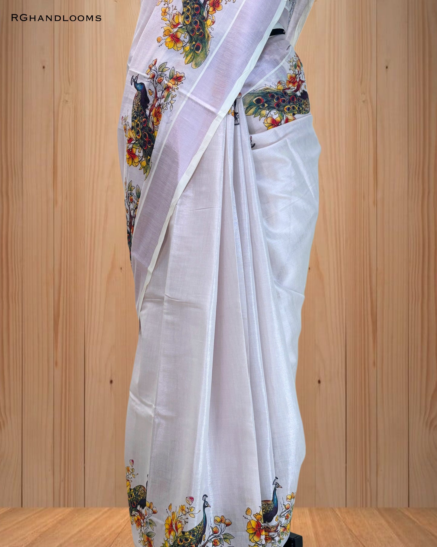 Pink Tissue Saree with Mural Print Peacock Design, paired with a stylish printed blouse