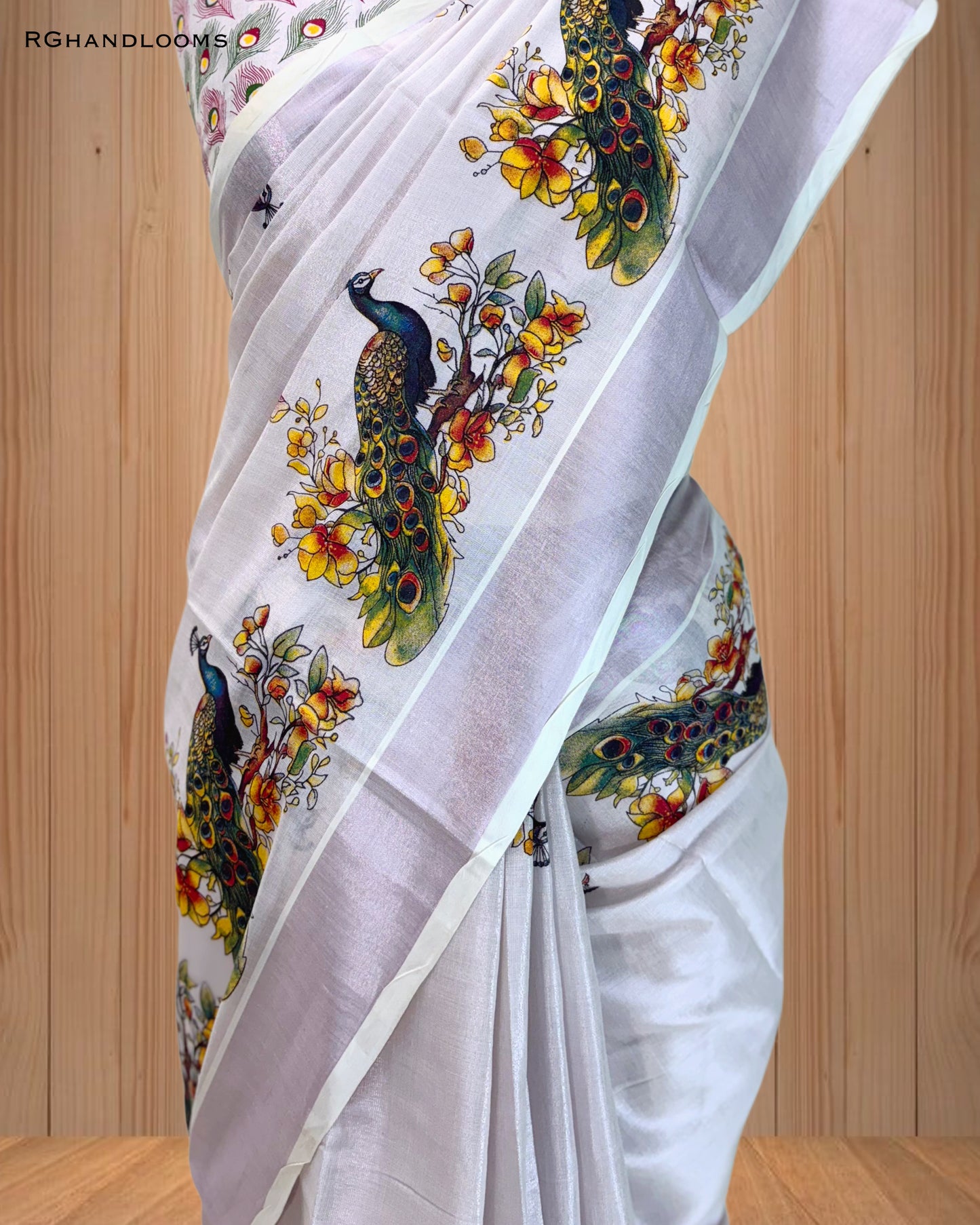 Pink Tissue Saree with Mural Print Peacock Design, paired with a stylish printed blouse