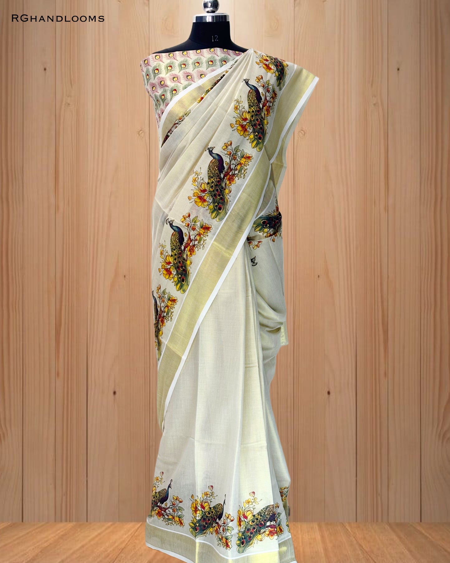 Gold Tissue Saree with Mural Print Peacock Design, paired with a stylish printed blouse.